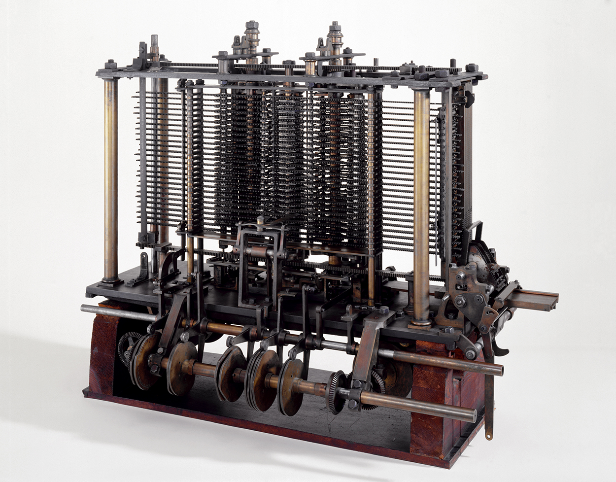 This was the first fully-automatic calculating machine. British computing pioneer Charles Babbage (1791-1871) first conceived the idea of an advanced calculating machine to calculate and print mathematical tables in 1812. This machine, conceived by Babbage in 1834, was designed to evaluate any mathematical formula and to have even higher powers of analysis than his original Difference engine of the 1820s. Only part of the machine was completed before his death in 1871. This is a portion of the mill with a printing mechanism. Babbage was also a reformer, mathematician, philosopher, inventor and political economist.